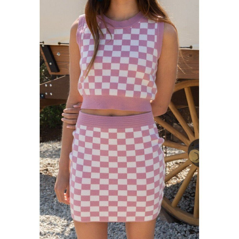 POL CLOTHING Pink and Cream Multi Check Checkered Skater Skirt YSP4 NEW